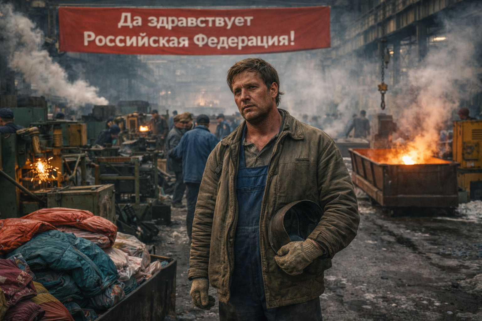 Завод в начале 1990-х: цех с рабочими у станков и плавильных печей, усталый технолог в спецовке стоит на фоне смены эпохи.