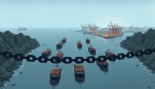«Нефтяные танкеры приближаются к огромной цепи, натянутой поперёк узкого морского пролива, как символу перекрытия мирового энергетического маршрута».